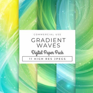 May include: A digital paper pack containing 11 high-resolution JPEGs featuring abstract gradient waves in shades of green, blue, and yellow. The text "COMMERCIAL USE GRADIENT WAVES Digital Paper Pack 11 HIGH RES JPEGs" is displayed on a white rectangle.