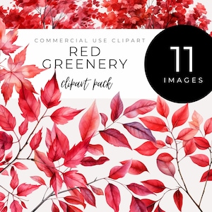 Clipart de folhagens vermelhas - DOWNLOAD INSTANTÂNEO - Decoração inspirada na natureza, folhagens e folhas em aquarela, arte com plantas para fazer cartões, scrapbooking, convites
