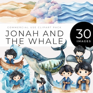 Jonas e a Baleia Clipart DOWNLOAD INSTANTÂNEO História da Bíblia em aquarela e imagens cristãs, escola dominical, decoração de berçário e educação religiosa