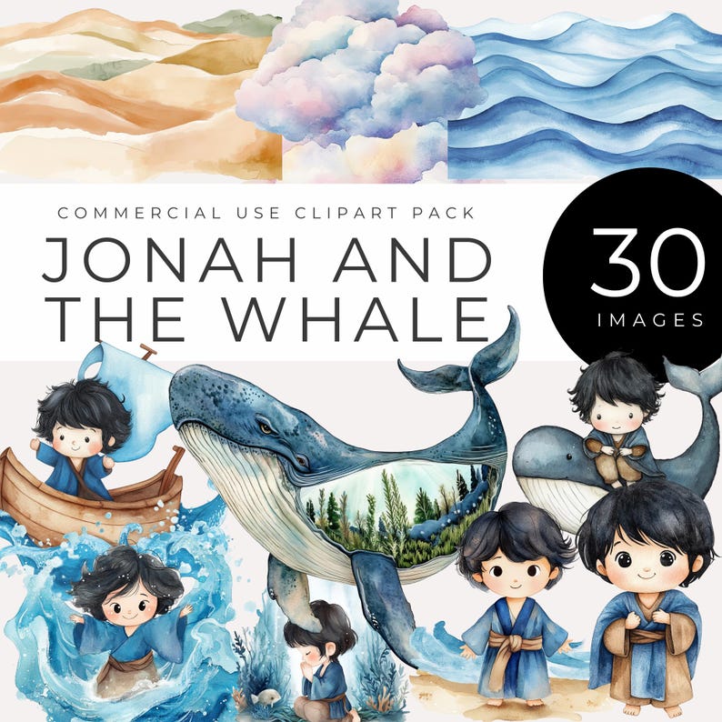 Jonah and the Whale Clipart INSTANT DOWNLOAD Watercolor Bible Story ...