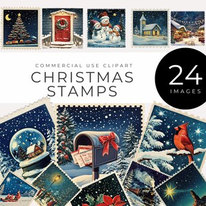Kerstpostzegels Clipart INSTANT DOWNLOAD Vintage feestelijke vakantie digitale afbeeldingen voor scrapbooking, kaarten maken en winterambachten