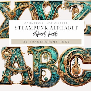 Letras del alfabeto Steampunk (descarga instantánea). Fuente Steampunk industrial vintage en verde azulado y dorado para scrapbooking, decoración de fiestas y descargas digitales.