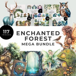Méga clipart forêt enchantée, téléchargement immédiat, maisons de fées, miroirs magiques, créatures fantastiques, bordures de lierre, éléments mystiques, arbre