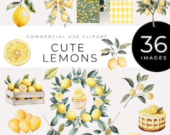 Cute Lemon Clipart, Instant Download, Watercolor Citrus PNG, Summer Fruit Graphics, Botanical Wreaths, Desserts, Farmhouse Party Digital Art