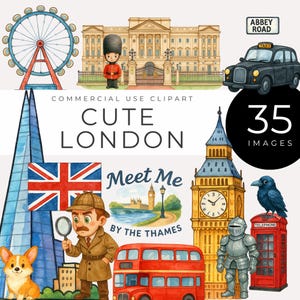 Söt London Clipart, direktnedladdning, Big Ben, vakter, telefonkiosk, Tower Bridge, brittiska ikoner, brittisk resegrafik, digital nedladdning PNG-konst