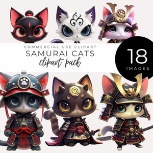 Samurai Cats Clipart INSTANT DOWNLOAD Cute Kawaii Warrior Cats, Adorable Ninja Cats, Anime-Inspired Graphics, Felines with Swords, Cat Bun