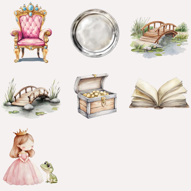 Pu&ograve; includere: Un set di illustrazioni ad acquerello che comprende un trono da principessa, un ponte di legno, uno scrigno del tesoro, un libro aperto, una principessa con una rana e un piatto d'argento.