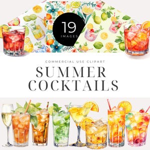Clipart di cocktail estivi DOWNLOAD IMMEDIATO Grafica di bevande alcoliche ad acquerello tra cui Sangria, Mojito, Mai Thai, png trasparente