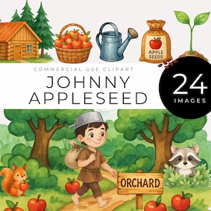 Watercolor Johnny Appleseed Clipart, Instant Download, Cute Images of Apples, Trees, Seeds, Pioneer Boy, Fall Classroom Decor, Folklore Art