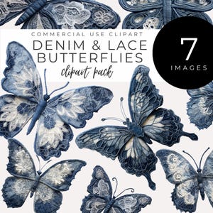 May include: Seven images of denim and lace butterflies. The butterflies are in various poses and have a blue and white colour scheme.
