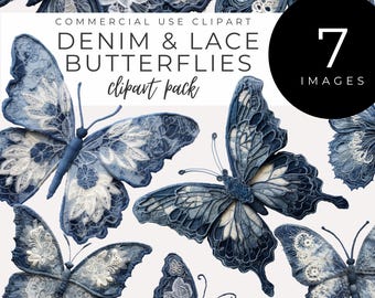 Denim and Lace Butterfly Clipart INSTANT DOWNLOAD Ephemera, Fussy Cut Craft Elements, Junk Journals & Scrapbooking, Vintage Crafting