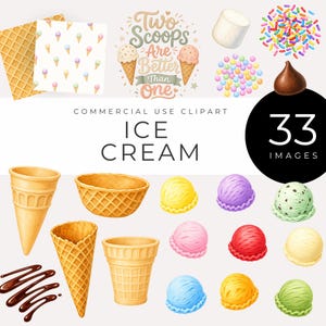 Puede incluir: Una colección de imágenes prediseñadas de acuarela con temática de helados. Incluye conos de helado, bolas de varios colores, salsa de chocolate, chispas, malvaviscos y un letrero que dice "Two Scoops Are Better Than One".