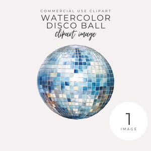 Clipart de bola de discoteca em aquarela DOWNLOAD INSTANTÂNEO Festa retrô azul e prata e gráfico de celebração de ano novo, download digital, PNG transparente