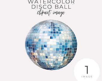 Watercolor Disco Ball Clipart INSTANT DOWNLOAD Blue & Silver Retro Party and New Year Celebration Graphic, Digital Download, Transparent Png