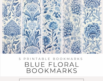 Blue Floral Damask Bookmarks INSTANT DOWNLOAD Cottagecore Elegant Toile Printable Book tabs, Perfect for Journals, Gifts, and Book Lovers