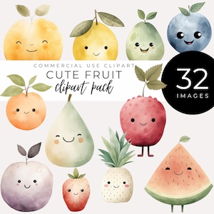 Adorable Smiling Fruit Clipart INSTANT DOWNLOAD Cute Fruit Characters, Digital Art for Kids, Scrapbooking, Party Invitations, and More