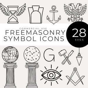 May include: Black and white Freemasonry symbol icons. The image includes an hourglass with wings, a globe on a pillar, an eye, and a compass. The text reads "Commercial Use Freemasonry Symbol Icons 28 SVGs."