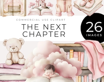 May include: A set of 26 watercolor illustrations featuring a pink castle, a teddy bear, a baby sleeping on a book, a bookshelf with books, and a cloud. The illustrations are perfect for creating nursery decor, children's books, or other creative projects. The text "The Next Chapter" is written in a decorative font.