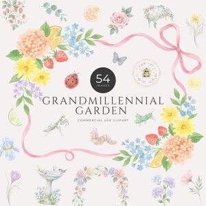Grandmillennial Garden Clipart, Watercolor Floral PNG, Summer Wedding & Baby Shower Graphics, Whimsical Pastel Ribbon Frames, Commercial Use