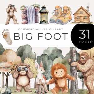 Clipart signe Big Foot, téléchargement immédiat, aquarelle Sasquatch, éléments de camping en forêt pour albums de coupures, travaux manuels, décoration de fête, thèmes d'aventure