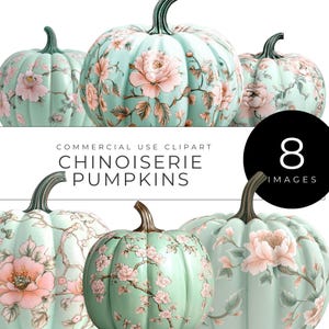Clipart de calabaza estilo chinoiserie, descarga instantánea, calabazas florales de acuarela para decoración otoñal, elegantes diseños otoñales cottagecore, gráficos PNG