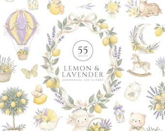Lemons And Lavender Clipart, Animals & Nursery Graphics, Baby Shower and Wedding Images, Citrus Flower Florals Designs, Commercial Use