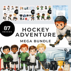 以下が含まれることがあります： 「Hockey Adventure Mega Bundle」と題されたデジタルアートバンドル。ホッケーをテーマにした要素の水彩イラストが特徴です。ホッケー選手、用具、氷のテクスチャの画像が含まれています。バンドルには87枚の画像が含まれています。