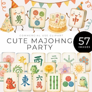 Clipart de acuarela de fiesta de Mahjong, descarga instantánea, lindas fichas inspiradas en Mahjong, pancartas, dragones, flores y decoración, invitaciones de juego kawaii, PNG