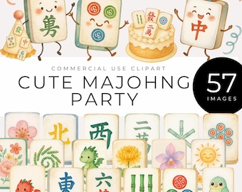 May include: Watercolor illustration of a cute Mahjong party theme. The image features animated Mahjong tiles, a cake, and decorative elements. The text "CUTE MAJOHNG PARTY" is displayed.