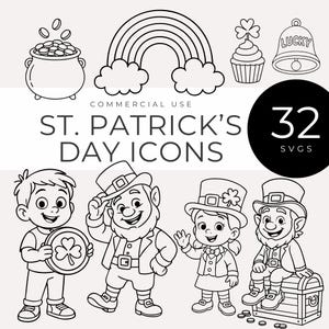 Op de afbeelding: Zwart-witte St. Patrick's Day-iconen, waaronder een pot goud, een regenboog, een cupcake, een bel en kabouters. De afbeelding bevat de tekst "ST. PATRICK'S DAY ICONS" en "32 SVGS".