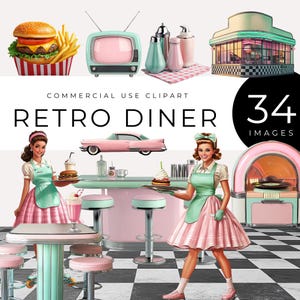 Puede incluir: Un conjunto de 34 imágenes de clipart de diner retro, que incluyen un diner rosa y verde, un coche rosa, una máquina de discos, una camarera, un mostrador, taburetes, una hamburguesa, patatas fritas, batidos y una televisión.