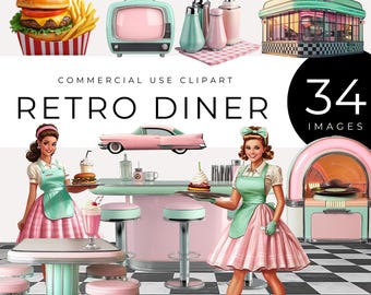 Retro Diner Clipart, Instant Download, 1950s Aesthetic PNG, Vintage Soda Shop, Rockabilly Cafe Graphics, Milkshake, Jukebox, Fast Food, Teal