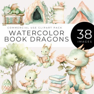 Watercolor Book Dragon Clipart INSTANT DOWNLOAD Whimsical Fantasy Baby Animal Dragon Reading for Kids Nursery Decor, Baby Shower Invites