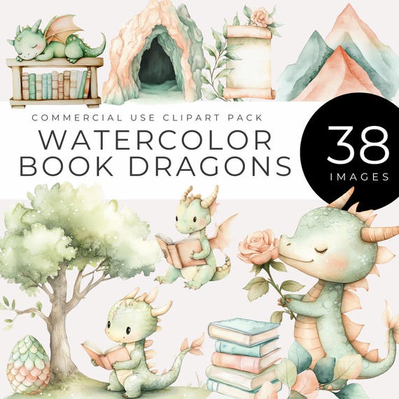 Watercolor Book Dragon Clipart INSTANT DOWNLOAD Whimsical Fantasy Baby Animal Dragon Reading for Kids Nursery Decor, Baby Shower Invites