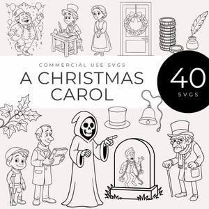 Puede incluir: Ilustraciones en blanco y negro de personajes y objetos de "A Christmas Carol". Incluye a Scrooge, el Fantasma de la Navidad Futura, Tiny Tim y otras figuras. Se muestra el texto "A Christmas Carol".