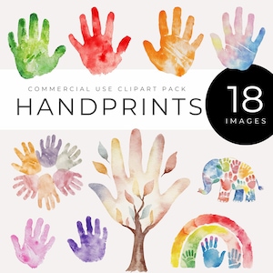 Imágenes prediseñadas de huellas de manos en acuarela, descarga instantánea, mano de niño con arcoíris, huellas de manos familiares, elefantes, árboles y manualidades digitales PNG, decoración, invitaciones