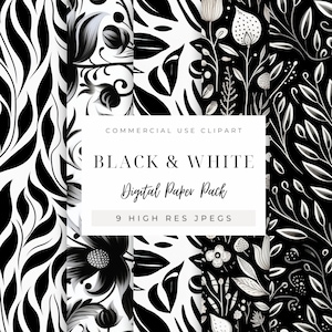 Black and White Digital Paper Pack INSTANT DOWNLOAD Monochrome Abstract Patterns, Floral Designs, Scrapbook Patterns for Commercial Use