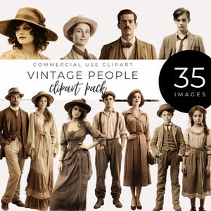 Clipart di persone d'epoca DOWNLOAD IMMEDIATO Uomini, donne, ragazzi e ragazze in tonalità seppia, grafica retrò di ritratti di famiglia e d'epoca, carta da giornale di scarto