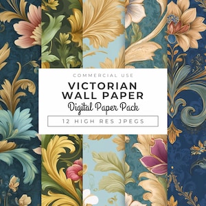Papier peint victorien, téléchargement immédiat, motifs floraux ornés et sans couture or, arrière-plans damassés antiques pour création artisanale