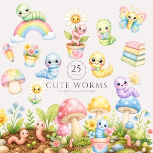 Könnte beinhalten: Eine Sammlung von Aquarell-Cliparts mit Zeichentrickwürmern, Schmetterlingen, Pilzen, Blumen und Büchern. Der Text lautet 25 IMAGES CUTE WORMS COMMERCIAL USE CLIPART. Die Illustrationen zeigen Pastellfarben, Regenbögen und Topfpflanzen.