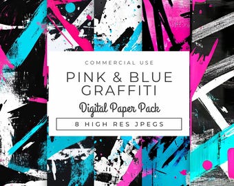Papel digital con grafitis en rosa y azul, descarga instantánea, archivos JPEG de alta resolución para álbumes de recortes, manualidades, invitaciones a fiestas y proyectos de arte urbano