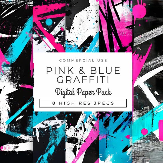 Pink and Blue Graffiti Digital Paper, Instant Download, High-Resolution JPEGs for Scrapbooking, Crafts, Party Invites, Urban Art Projects