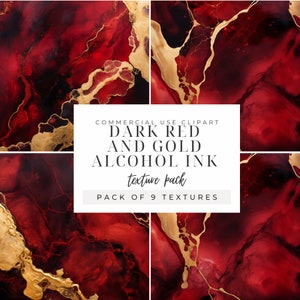 Op de afbeelding: Een verzameling van negen donkerrode en gouden alcoholinkttexturen. De texturen tonen wervelende patronen van dieprood en goud, met de tekst "DARK RED AND GOLD ALCOHOL INK texture pack" en "PACK OF 9 TEXTURES".