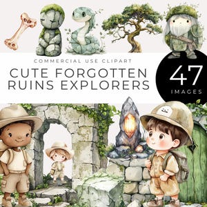 Aquarelle mignon ruines oubliées Clipart téléchargement immédiat enfant explorateurs, arbres centenaires, statues, reliques mystiques, temple envahi par la végétation, invitation
