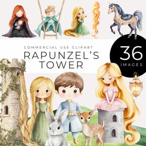 Aquarell Rapunzel Clipart SOFORT-DOWNLOAD Märchenprinz, Turm, verwunschener Wald, Zöpfe, magische Elemente für Bastelarbeiten & Märchenbücher
