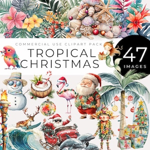Clipart de Noël tropical, téléchargement immédiat, aquarelle du père Noël en juillet, flamants roses, renne de surf et décoration de vacances à la plage pour cartes, travaux manuels