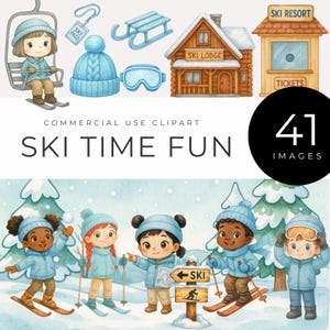 May include: Watercolor illustration with the text "SKI TIME FUN" featuring ski resort elements and children skiing. Includes a ski lift, lodge, ticket booth, and various winter sports accessories. The image also includes the text "41 IMAGES".