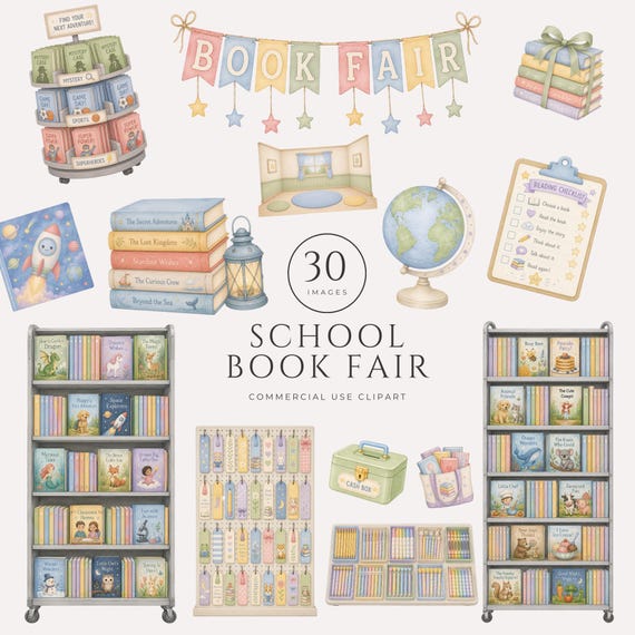 Book Fair Clipart, Watercolor Classroom Library PNG Designs, Reading & Literacy Week Decor, Bookish Images, Commercial Use, Digital Download