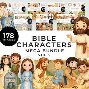 Pode incluir: Uma coleção de arte digital intitulada "Bible Characters Mega Bundle Vol 3" com ilustrações de figuras e cenas bíblicas. A imagem inclui o texto "178 Images" e vários títulos como "David & Goliath" e "The Last Supper".