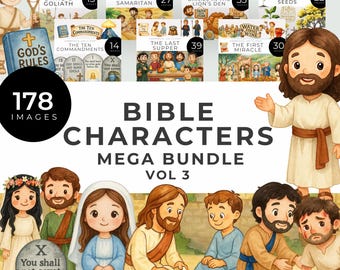 May include: A digital art collection titled "Bible Characters Mega Bundle Vol 3" featuring illustrations of biblical figures and scenes. The image includes the text "178 Images" and various titles such as "David & Goliath" and "The Last Supper".